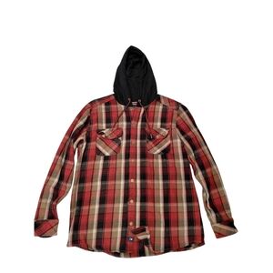Red and Black Flannel Plaid Casual Button Down Shirt with Hood